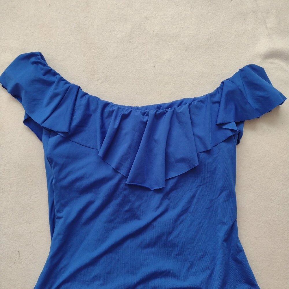Trina Turk Blue Ruffle Swimsuit 12 Off-The-Shoulder Fully Lined One-Piece - Picture 3 of 10
